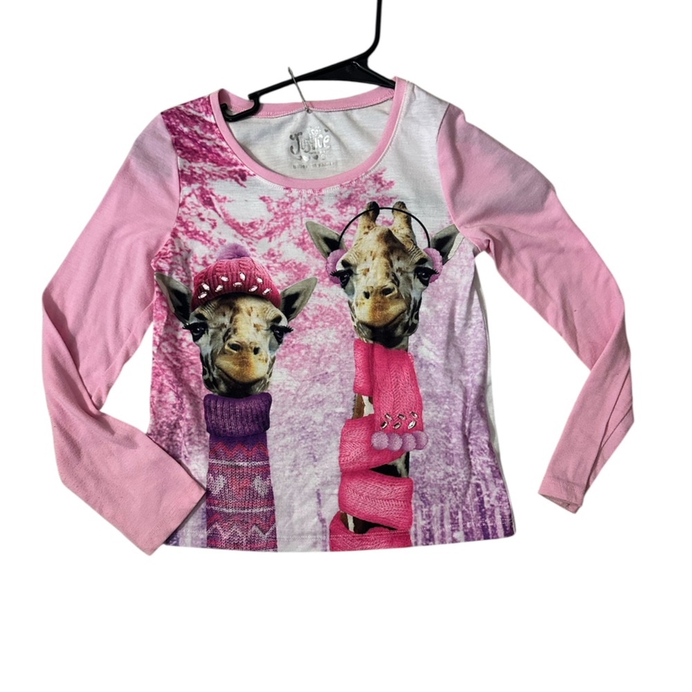 Justice Pink Giraffe Print Kids Long Sleeve Shirt